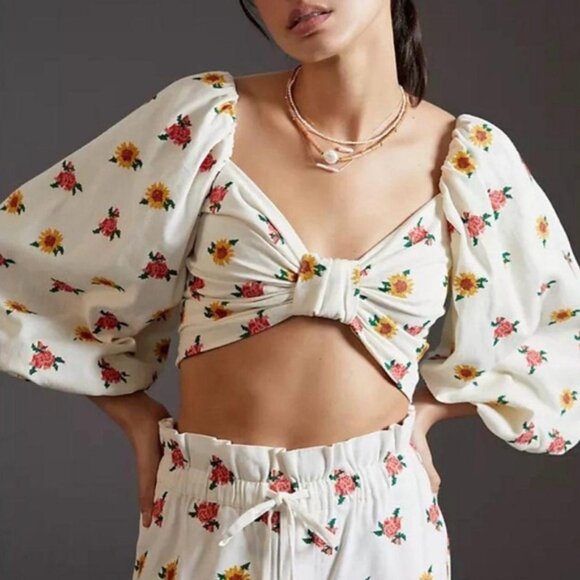 FARM RIO Mixed Cross Stitch Embroidered Flowers Puff Sleeve White Crop Top Sz M - Picture 1 of 11